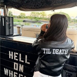 12th Tribe Black Leather Jacket with White Text